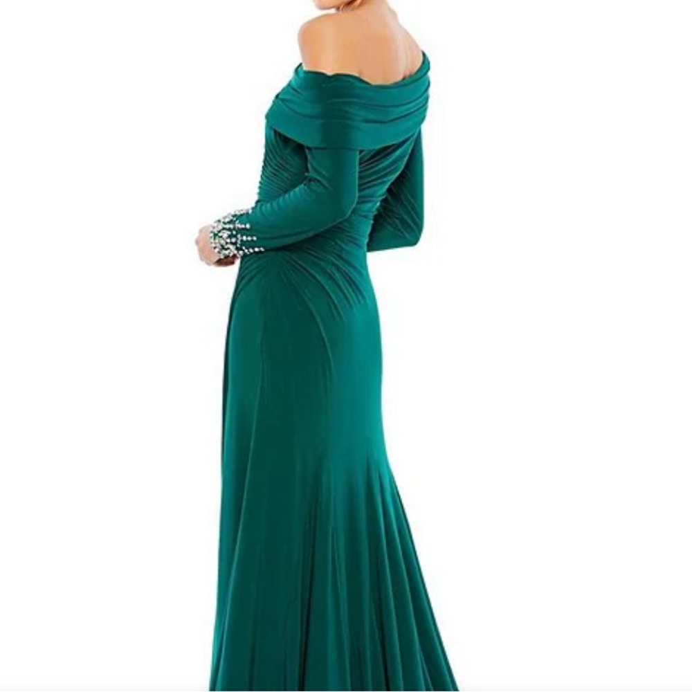 NEW MAC DUGGAL One-Shoulder Long Sleeve Jersey Gown in Emerald Green, Size 12
